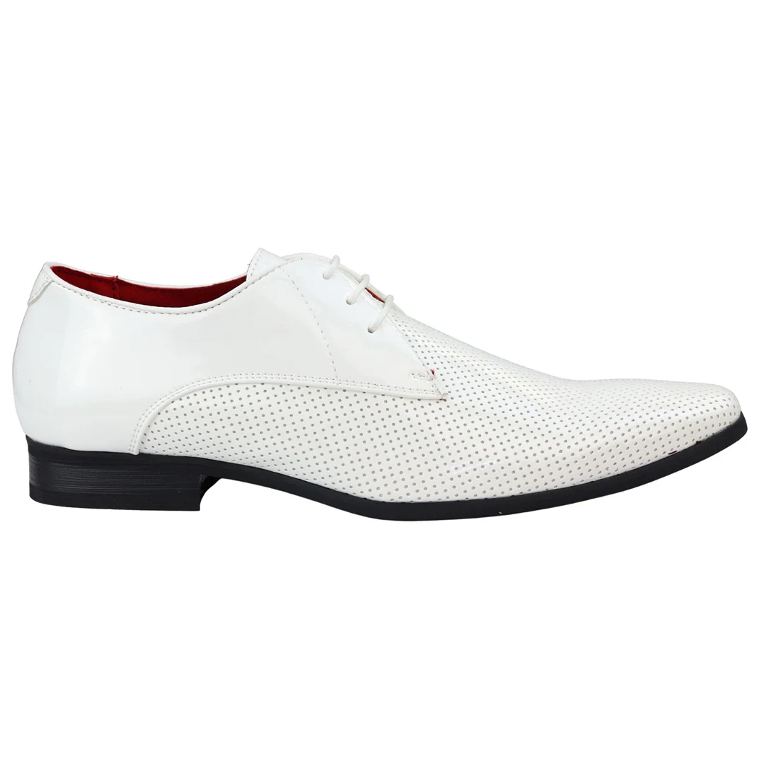 Mens Shoes Smart Formal Perforated Pointed Laced White Patent Leather PU