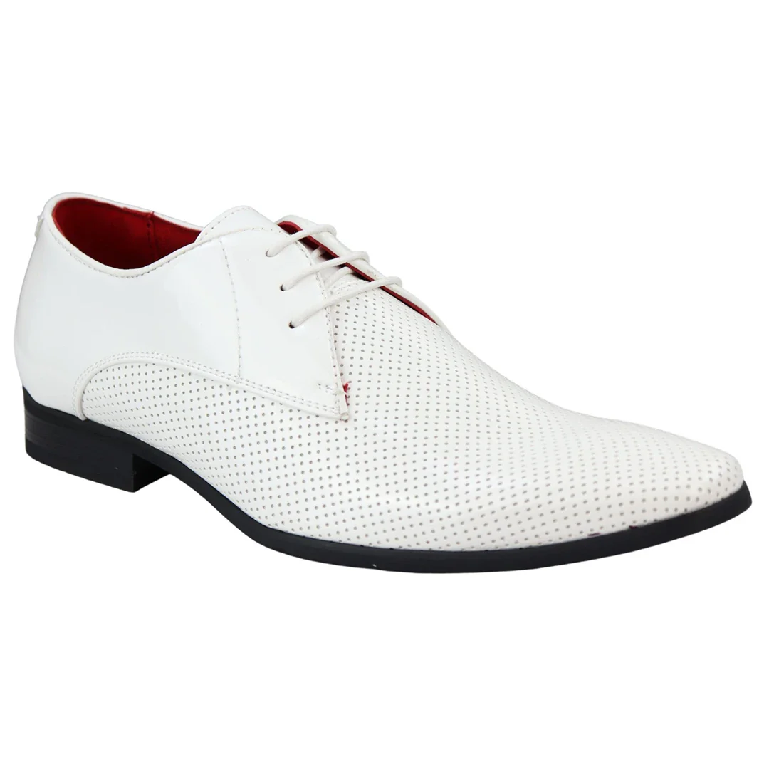 Mens Shoes Smart Formal Perforated Pointed Laced White Patent Leather PU - Image 2