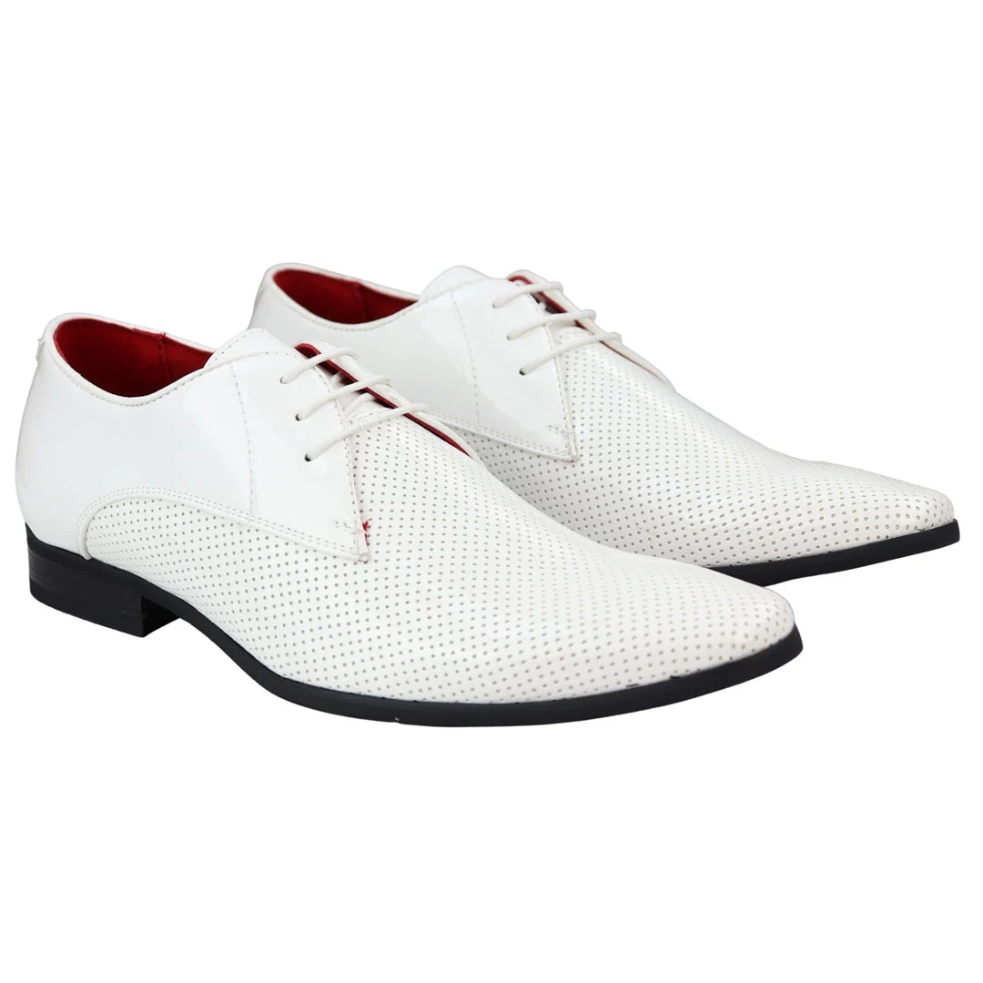 Mens Shoes Smart Formal Perforated Pointed Laced White Patent Leather PU - Image 3