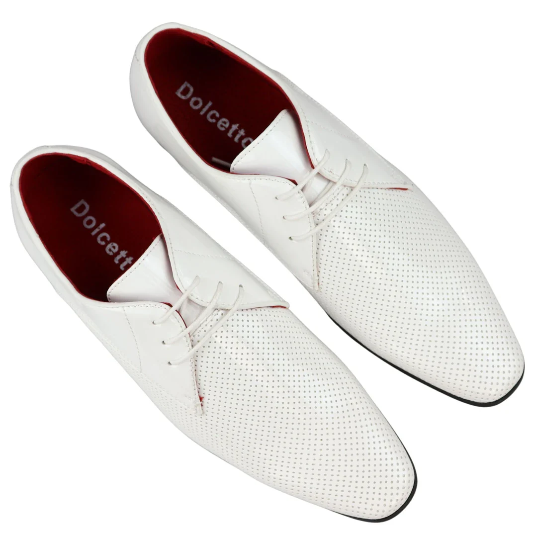 Mens Shoes Smart Formal Perforated Pointed Laced White Patent Leather PU - Image 4