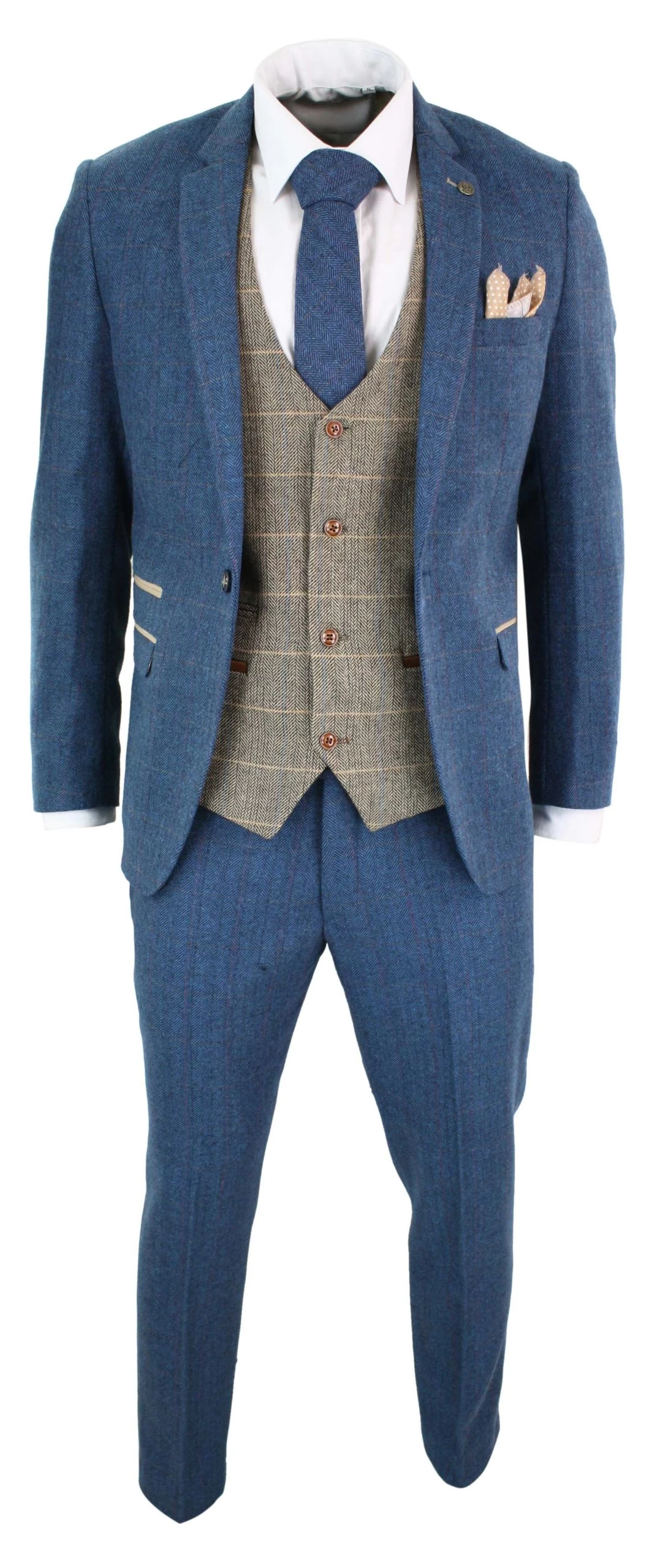 Marc Darcy Dion β Mens Blue Tan Brown 3 Piece Herringbone Tweed Check Vintage Tailored Fit Suit - Image 4