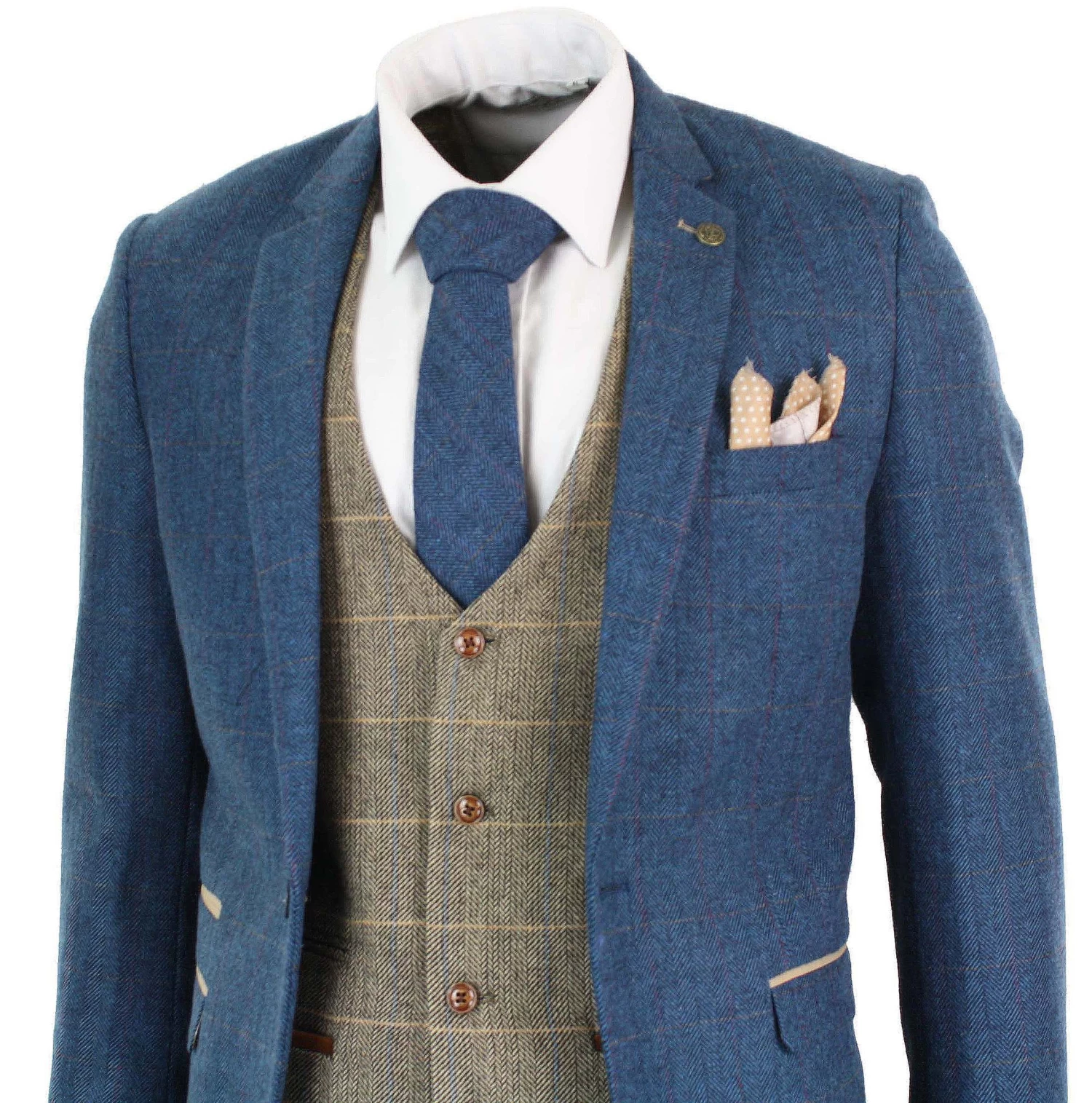 Marc Darcy Dion β Mens Blue Tan Brown 3 Piece Herringbone Tweed Check Vintage Tailored Fit Suit - Image 3