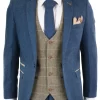 Marc Darcy Dion – Mens Blue Tan Brown 3 Piece Herringbone Tweed Check Vintage Tailored Fit Suit