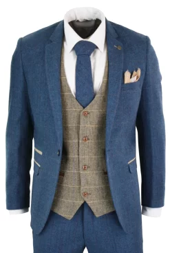 Marc Darcy Dion – Mens Blue Tan Brown 3 Piece Herringbone Tweed Check Vintage Tailored Fit Suit