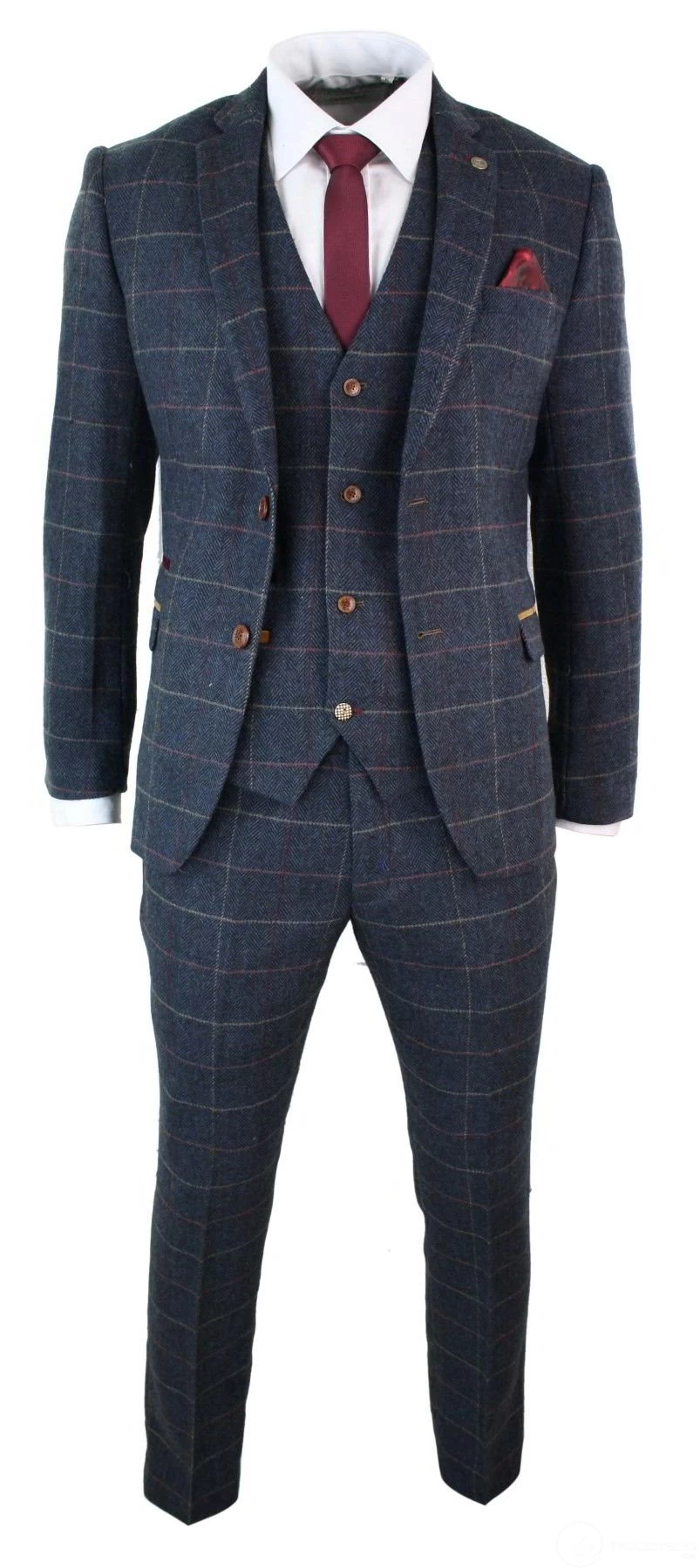 Mens Navy Blue Wine Check Herringbone Tweed Vintage 3 Piece New Marc Darcy Suit - Image 3
