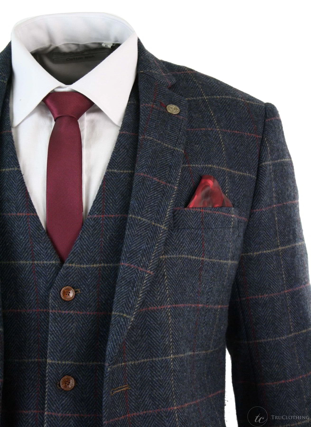Mens Navy Blue Wine Check Herringbone Tweed Vintage 3 Piece New Marc Darcy Suit - Image 5