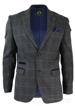 Mens Grey Check Herringbone Tweed Vintage Fit Blazer Jacket Blue Velvet Trim-Grey