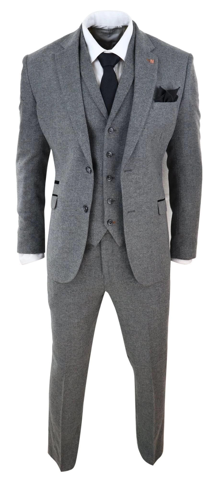 Mens Dark Grey Herringbone Tweed 3 Piece Suit - Image 2