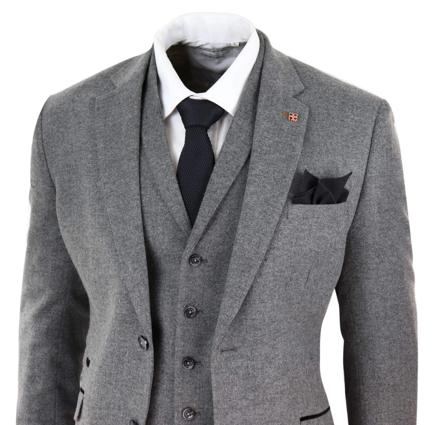 Mens Dark Grey Herringbone Tweed 3 Piece Suit - Image 3