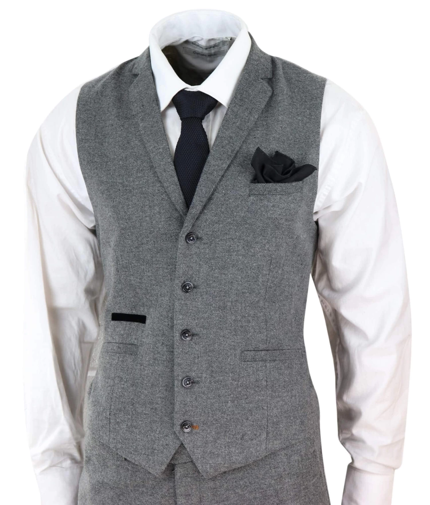 Mens Dark Grey Herringbone Tweed 3 Piece Suit - Image 4