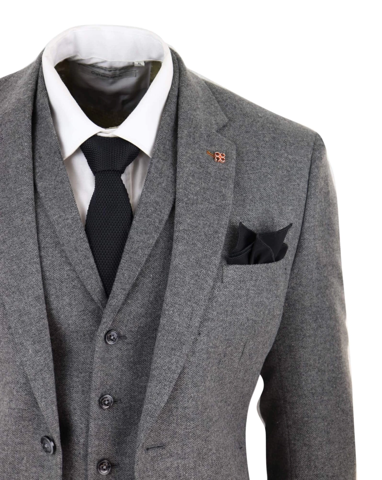 Mens Dark Grey Herringbone Tweed 3 Piece Suit - Image 5