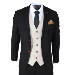 Mayfair – Men’s 3 Piece Black Suit With Cream Waistcoat