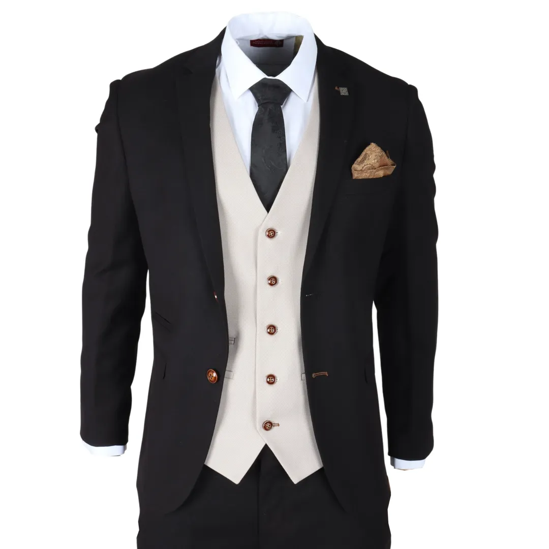 Mayfair – Men’s 3 Piece Black Suit With Cream Waistcoat