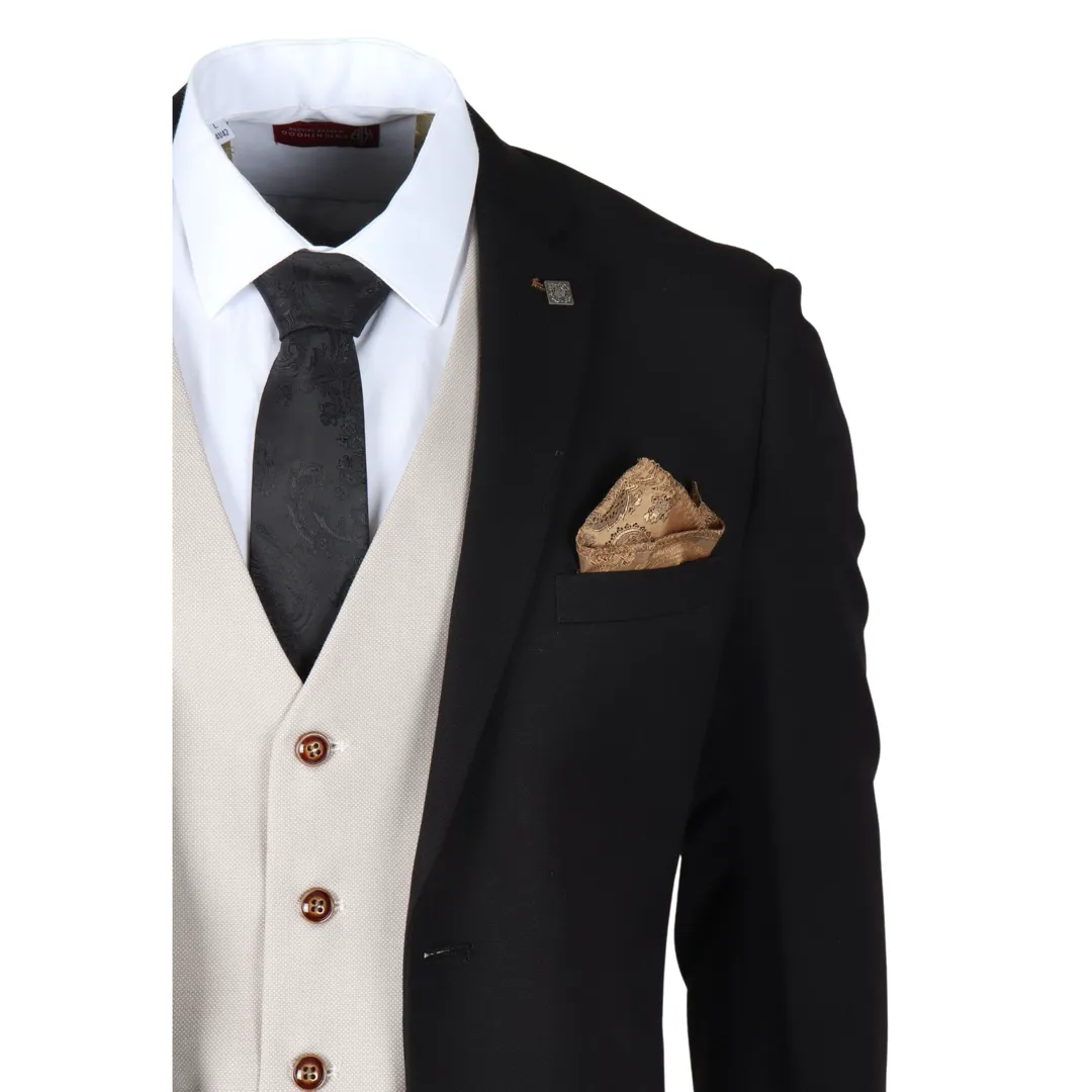 Mayfair – Men’s 3 Piece Black Suit With Cream Waistcoat - Image 3