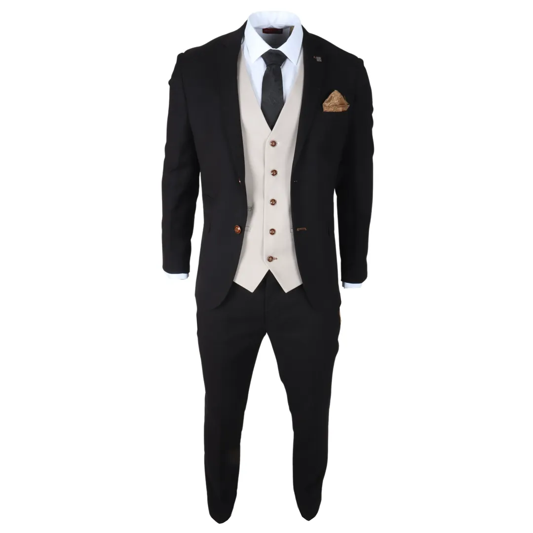 Mayfair – Men’s 3 Piece Black Suit With Cream Waistcoat - Image 6