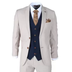 Mayfair – Men’s 3 Piece Cream Suit With Navy Waistcoat