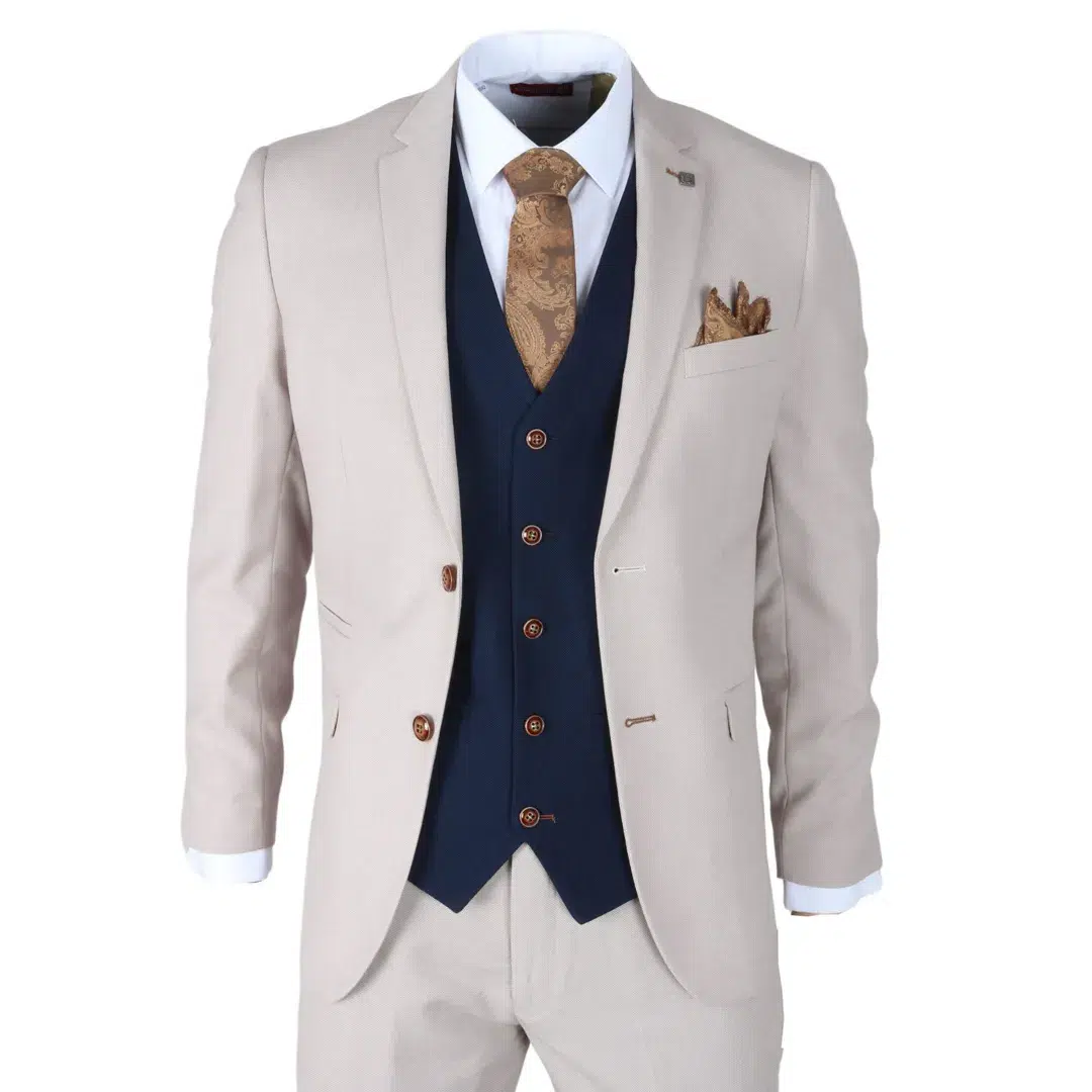 Mayfair – Men’s 3 Piece Cream Suit With Navy Waistcoat