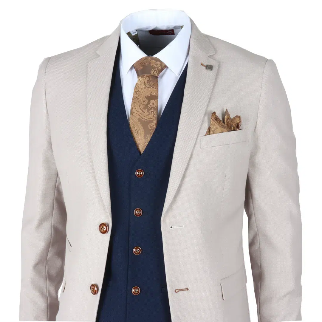 Mayfair – Men’s 3 Piece Cream Suit With Navy Waistcoat - Image 2