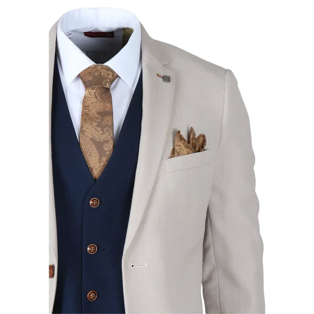 Mayfair – Men’s 3 Piece Cream Suit With Navy Waistcoat - Image 3