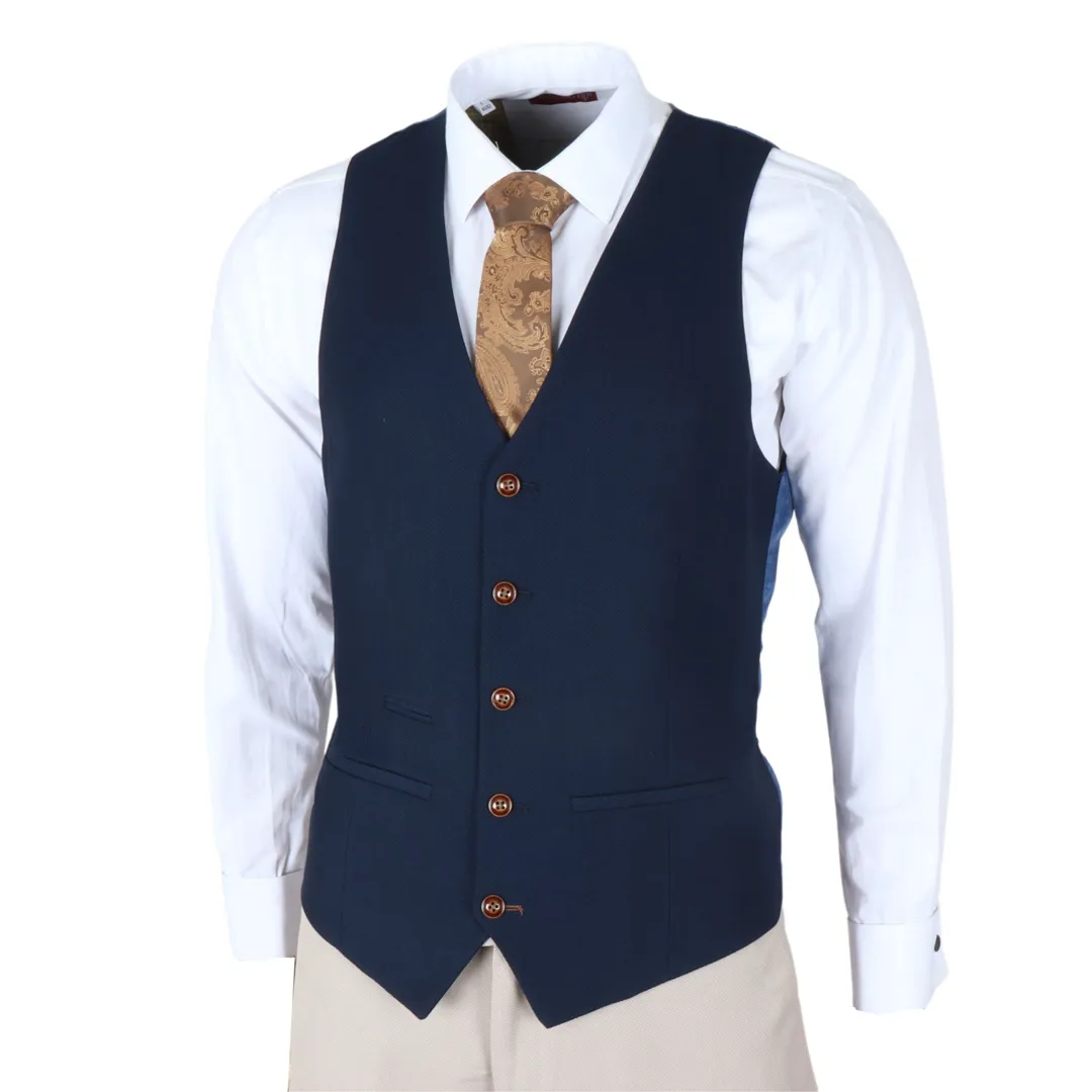 Mayfair – Men’s 3 Piece Cream Suit With Navy Waistcoat - Image 4