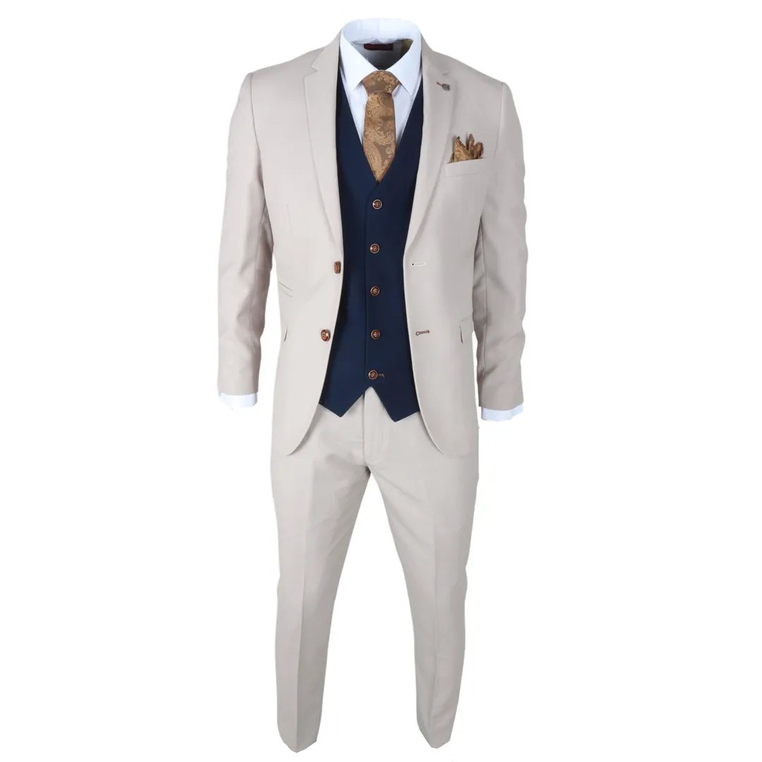 Mayfair – Men’s 3 Piece Cream Suit With Navy Waistcoat - Image 6