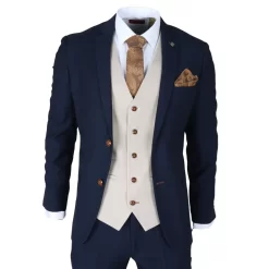 Mayfair – Men’s 3 Piece Navy Suit With Cream Waistcoat