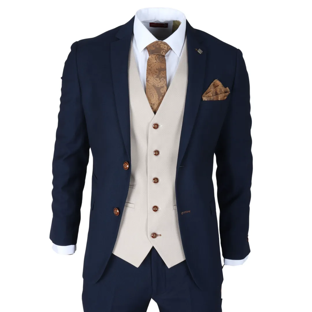 Mayfair – Men’s 3 Piece Navy Suit With Cream Waistcoat