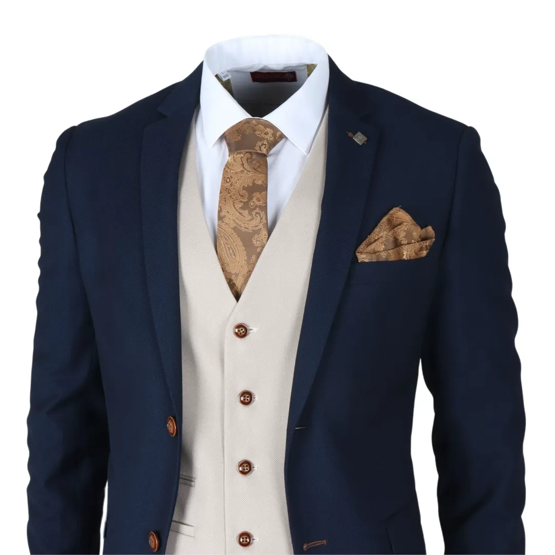 Mayfair – Men’s 3 Piece Navy Suit With Cream Waistcoat - Image 2