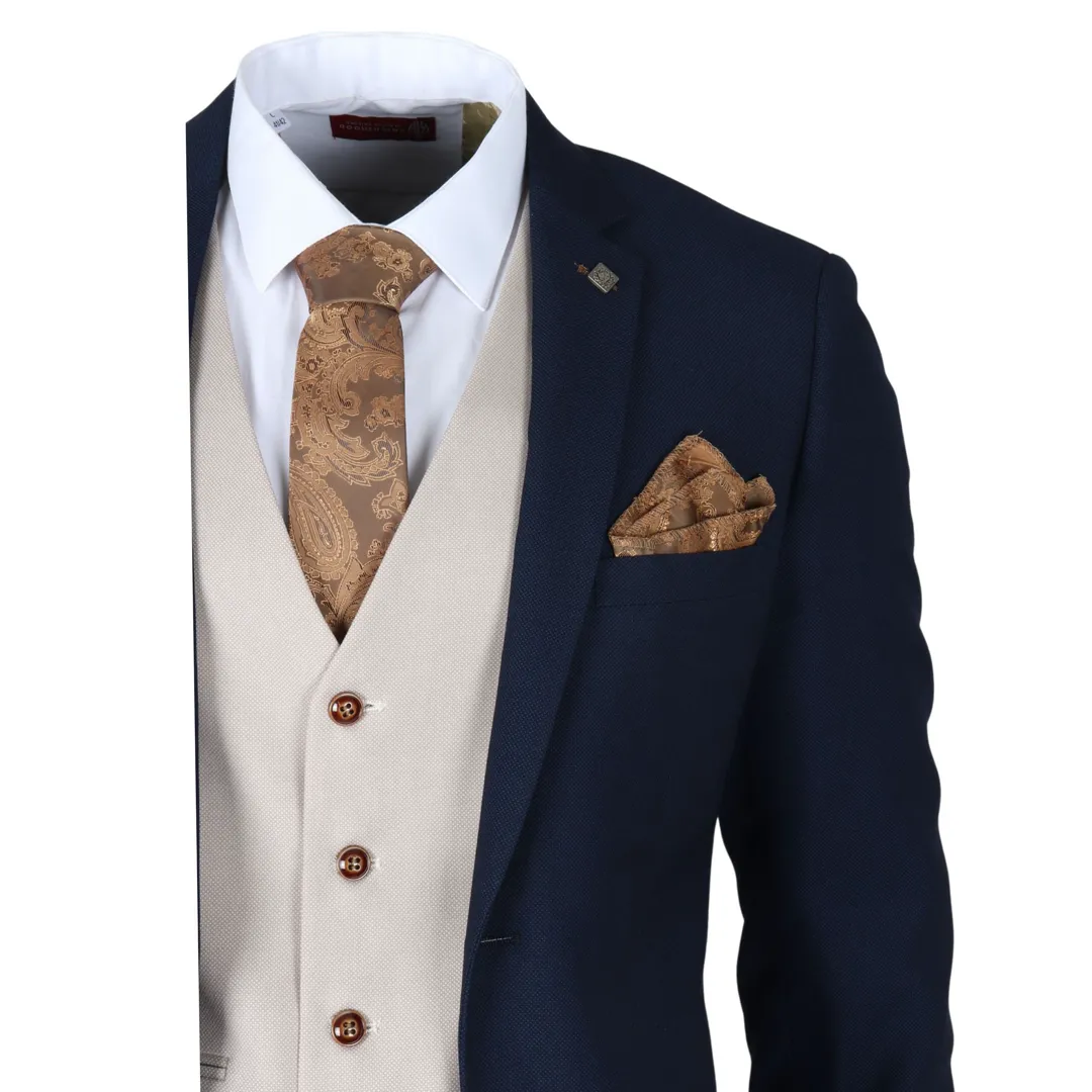 Mayfair – Men’s 3 Piece Navy Suit With Cream Waistcoat - Image 3