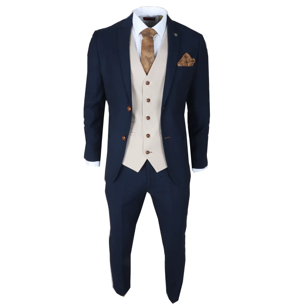 Mayfair – Men’s 3 Piece Navy Suit With Cream Waistcoat - Image 6