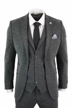 Men’s Charcoal Grey 3 Piece Tweed Herringbone Suit – STZ11