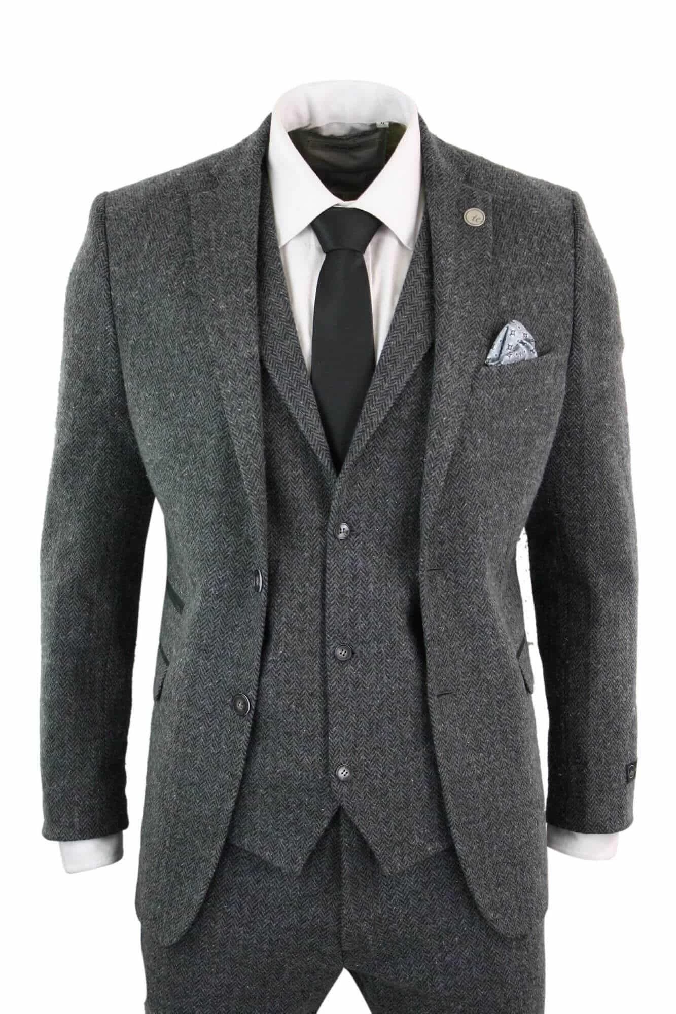 Men’s Charcoal Grey 3 Piece Tweed Herringbone Suit – STZ11