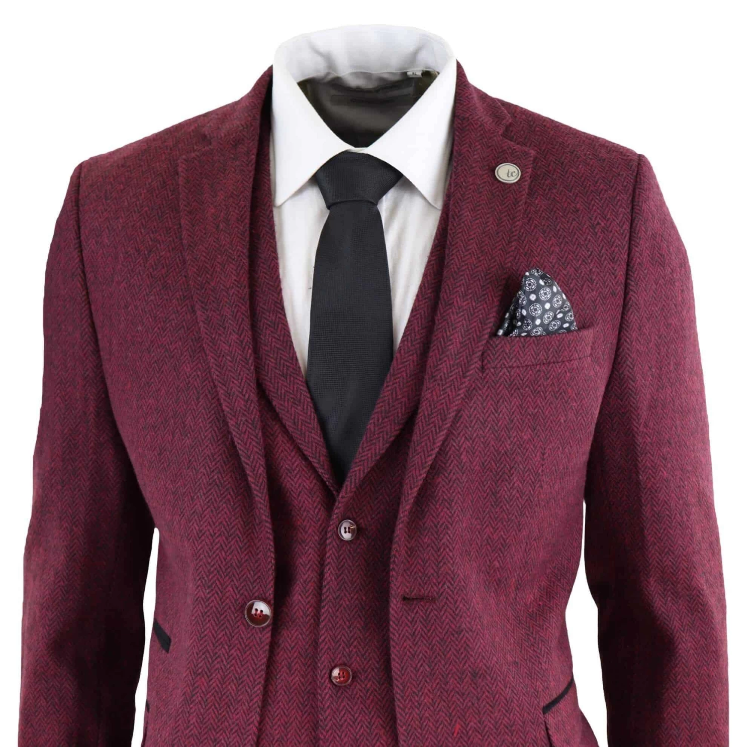 Men’s Herringbone Wine Maroon 3 Piece Tweed Suit – STZ11 - Image 6