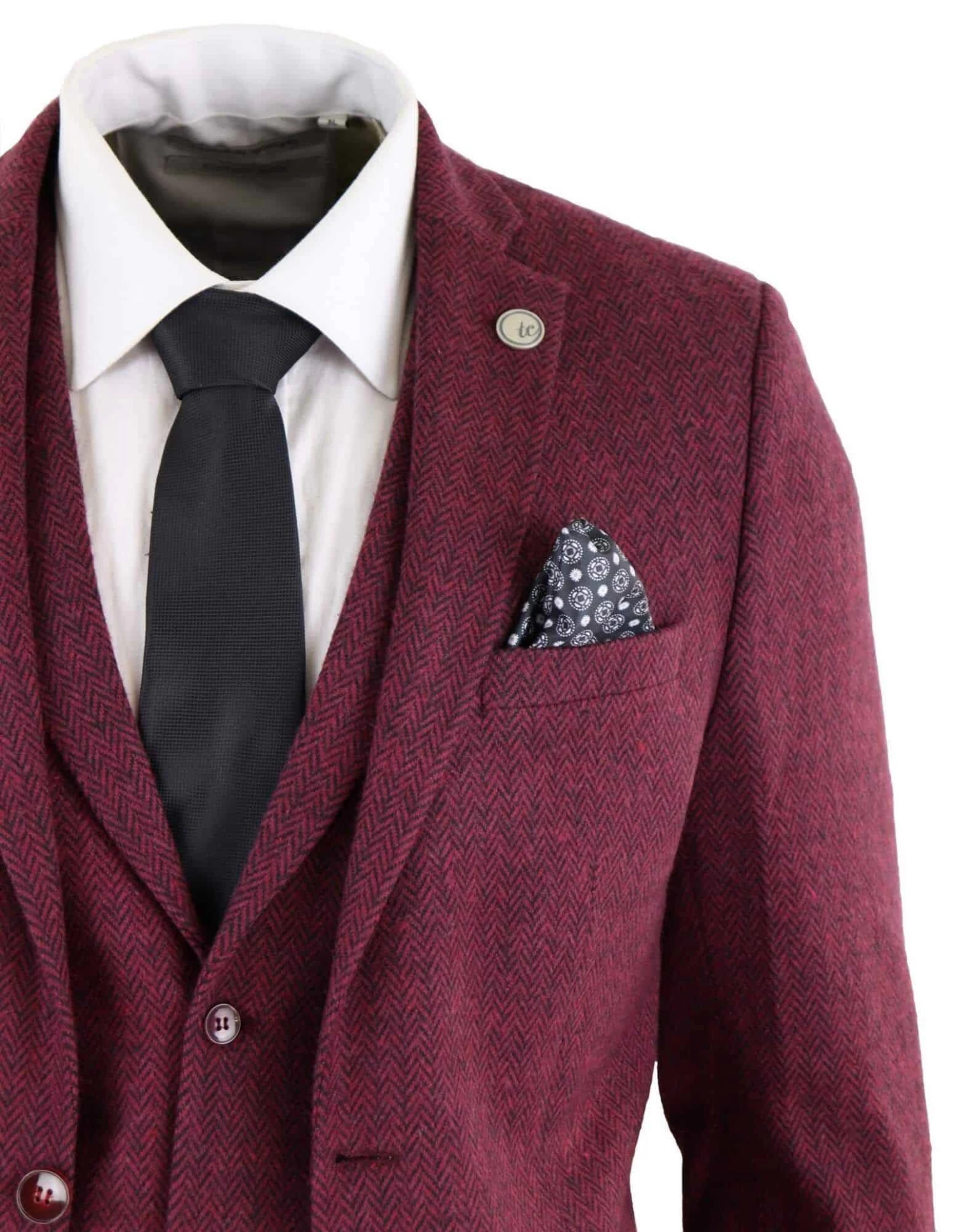Men’s Herringbone Wine Maroon 3 Piece Tweed Suit – STZ11 - Image 2