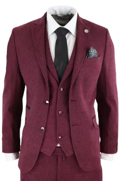 Men’s Herringbone Wine Maroon 3 Piece Tweed Suit – STZ11