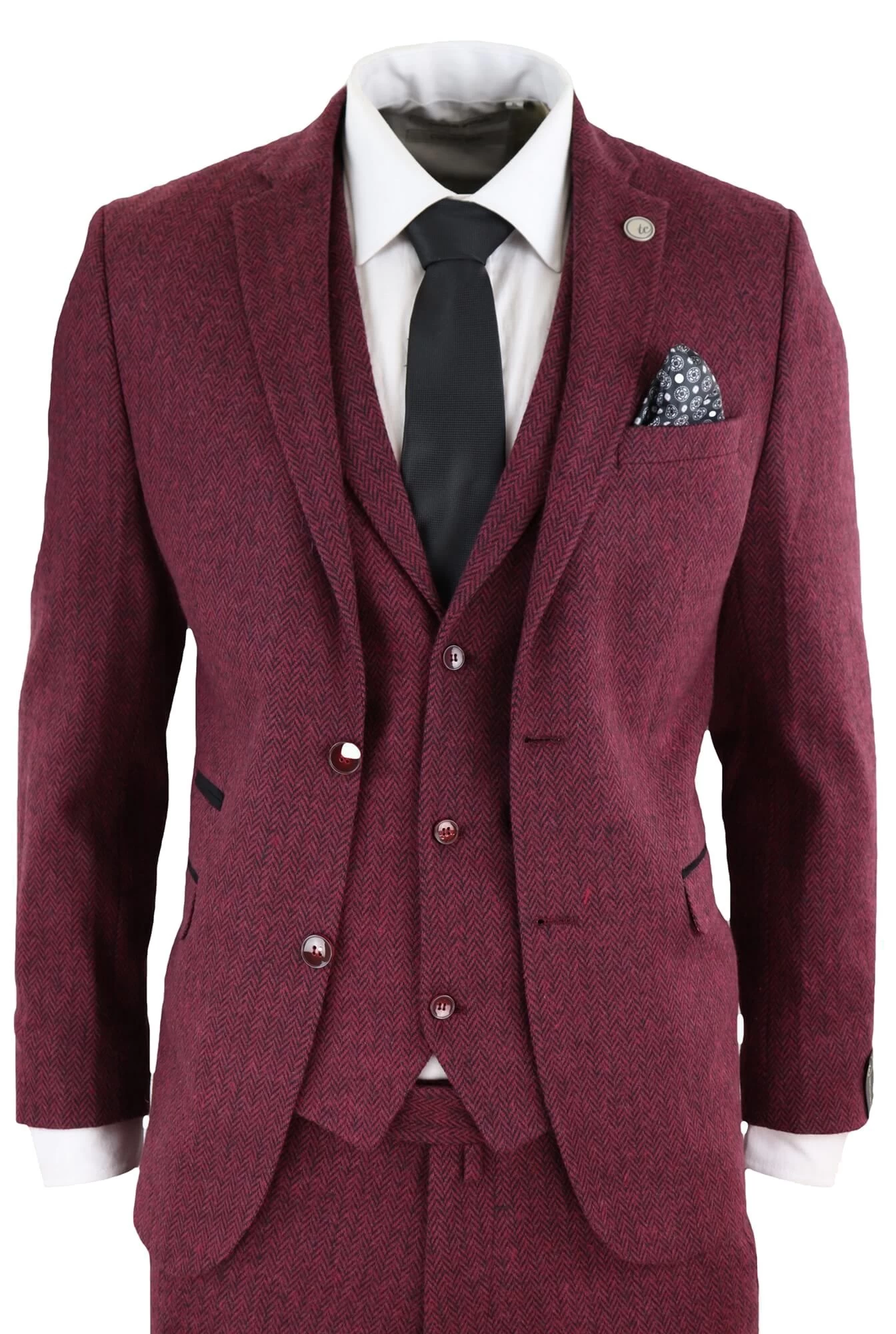 Men’s Herringbone Wine Maroon 3 Piece Tweed Suit – STZ11