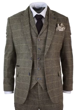 Cavani Albert – Men’s Herringbone Tweed Check 3 Piece Suit – Tan Brown