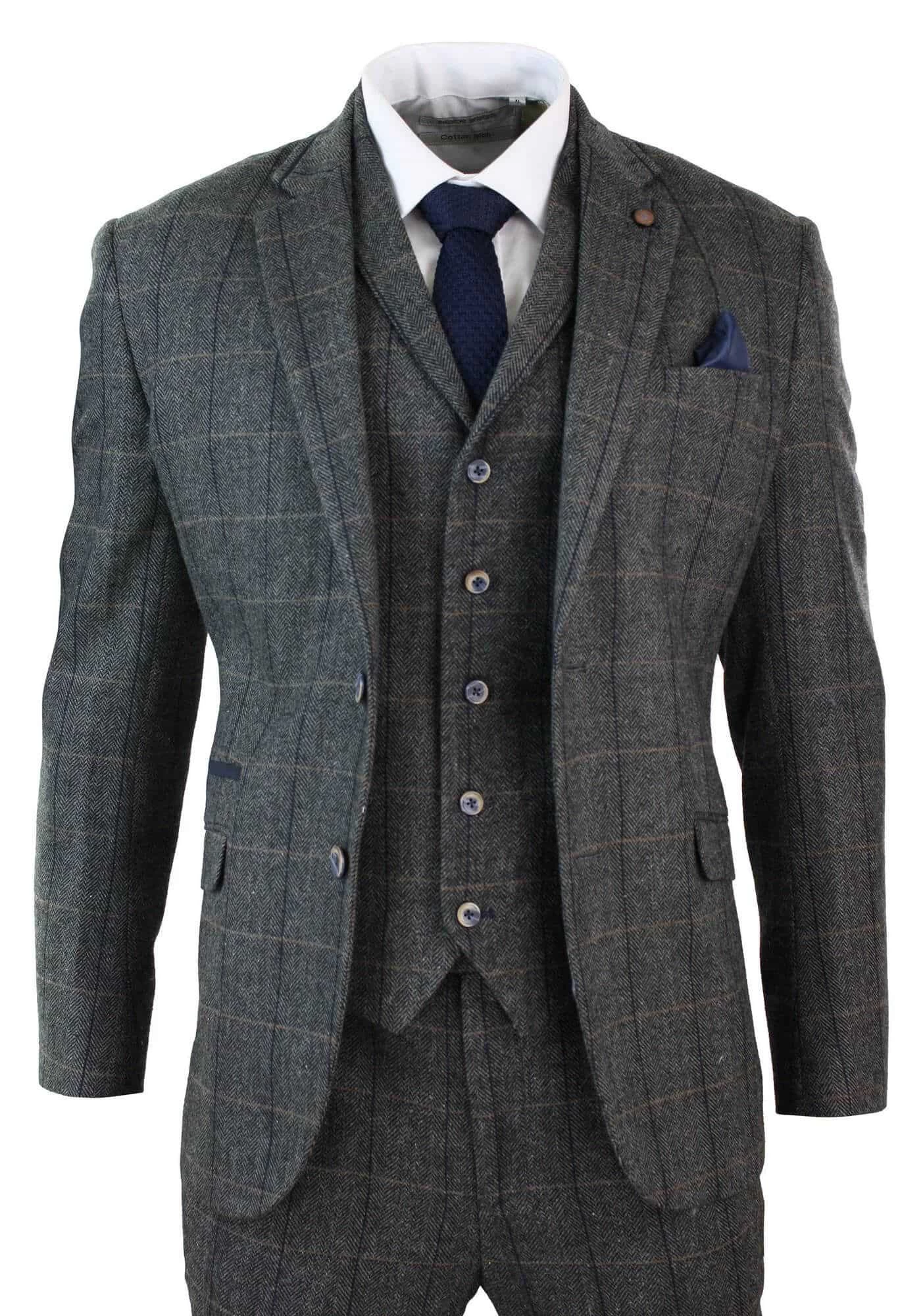 Cavani Albert – Men’s Herringbone Tweed Check 3 Piece Suit – Charcoal