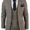 Mens 3 Piece Herringbone Tweed Tan Brown Check Suit Tailored Fit Double Classic