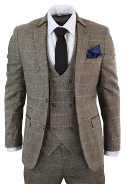 Mens 3 Piece Herringbone Tweed Tan Brown Check Suit Tailored Fit Double Classic
