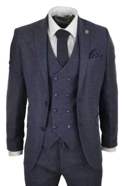 Mens 3 Piece Navy Suit With Double Breasted Waistcoat