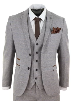 Mens 3 Piece Tweed Check Suit – Cream
