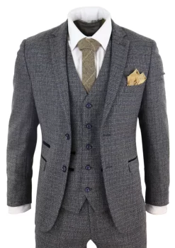 Mens 3 Piece Tweed Check Suit – Navy Blue
