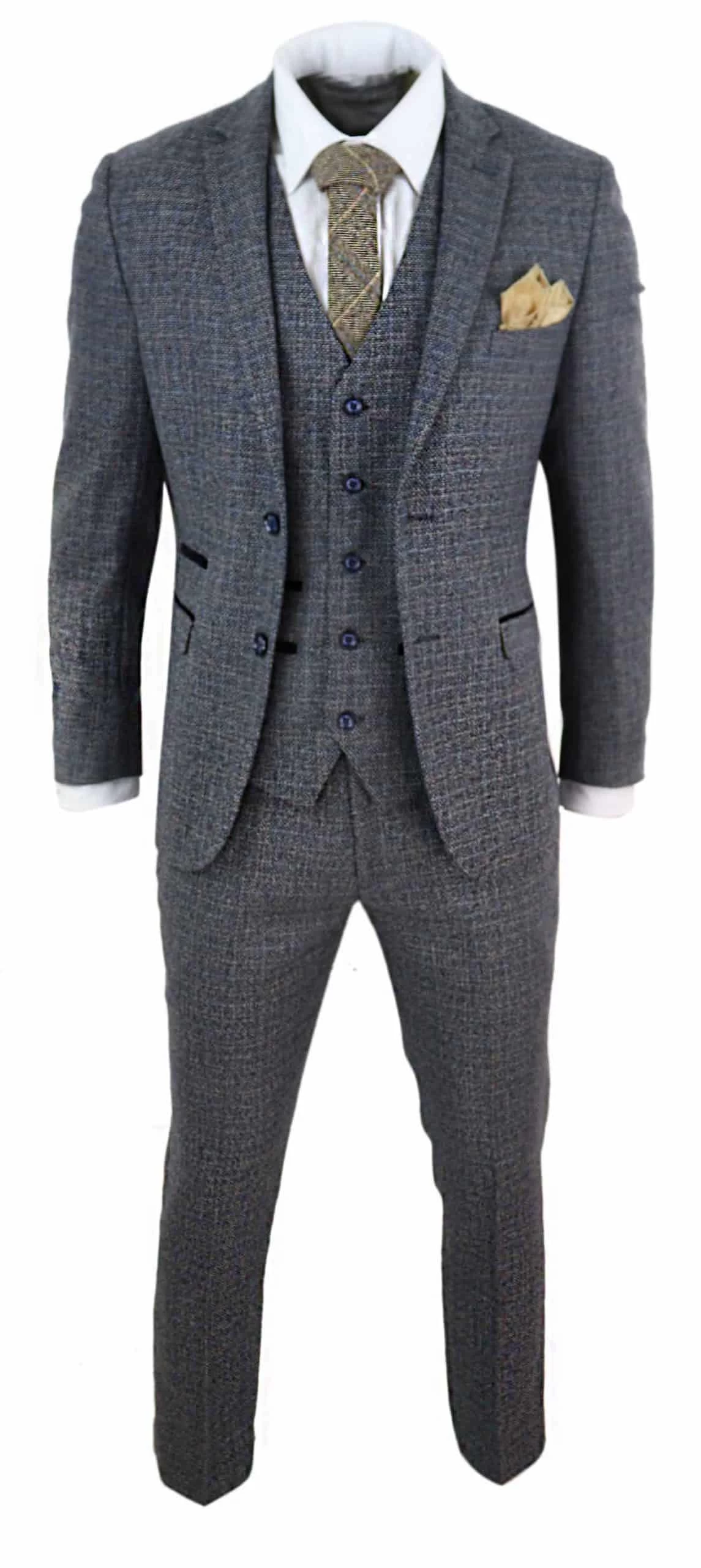 Mens 3 Piece Tweed Check Suit β Navy Blue - Image 5