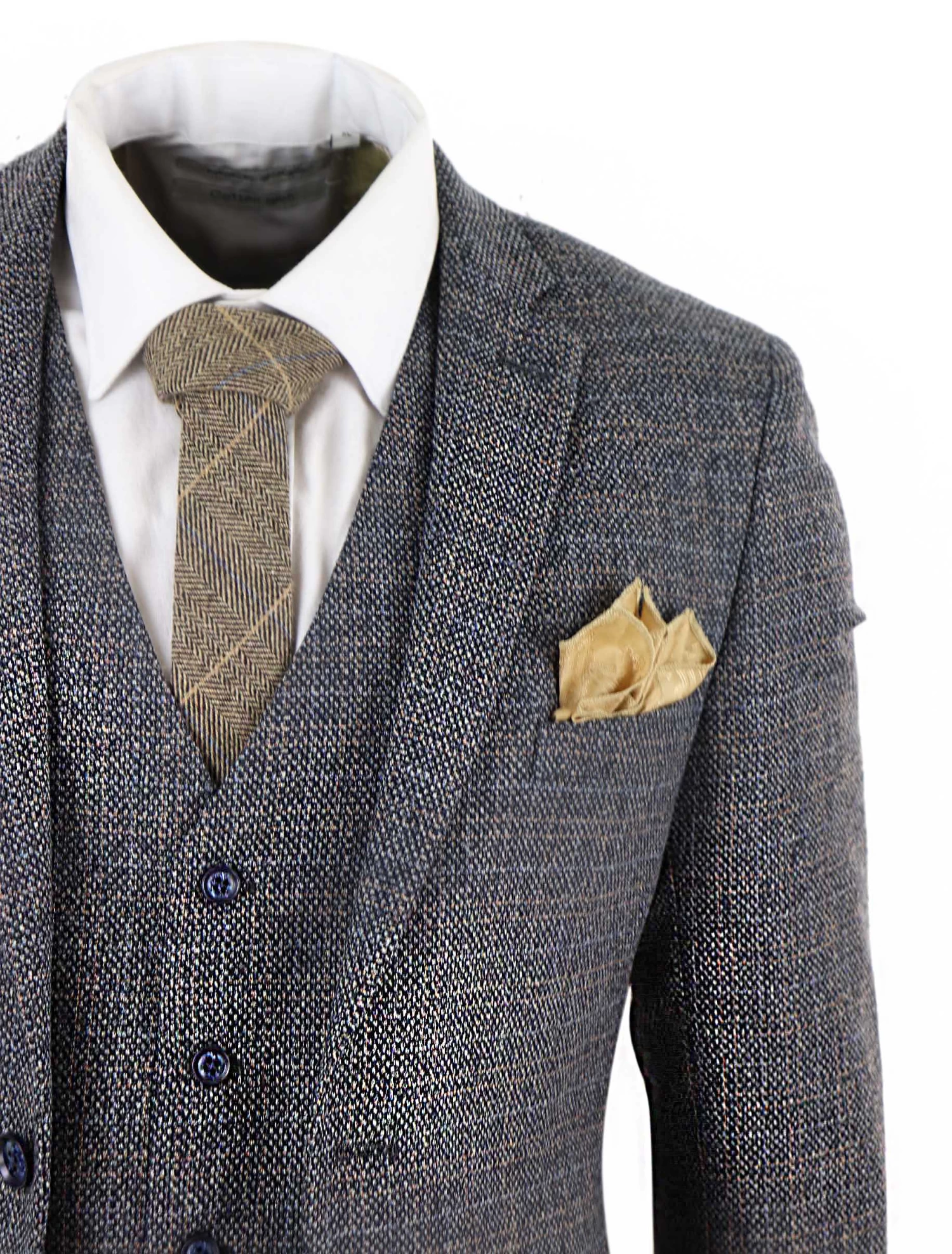 Mens 3 Piece Tweed Check Suit β Navy Blue - Image 3
