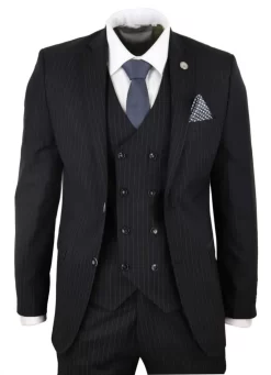 Mens Black 3 Piece Pinstripe Suit