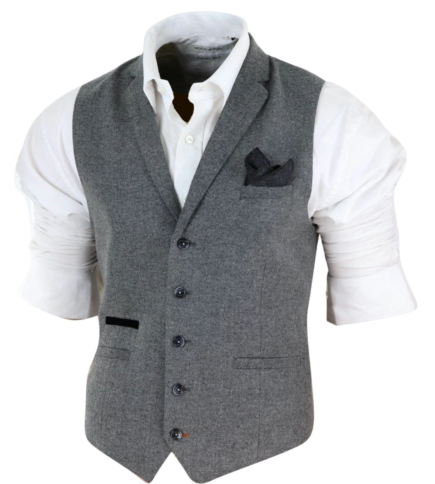 Mens Dark Grey Herringbone Tweed Waistcoat - Image 2