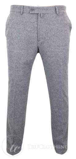 Mens Grey Charcoal Tweed Herringbone Wool Trousers – Grey