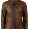 Mens Retro Style Zipped Biker Jacket Real Leather Soft Black Casual-Tan
