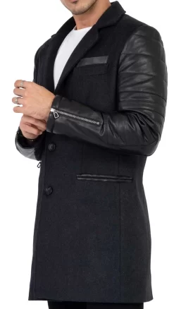 Mens Tweed Cashmere Wool Overcoat With Real Leather Sleeves Grey – B213
